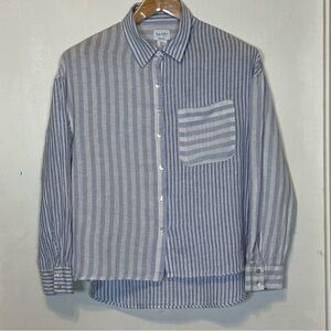 Nicole Miller NY Blue White Striped 100% Linen Button Down Shirt Women's Size  L